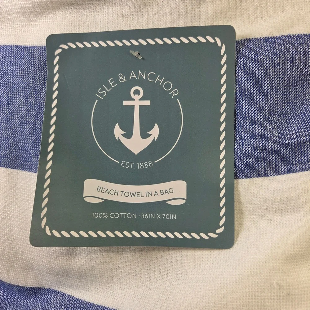 Isle & Anchor Beach Towel In A Bag Blue White Striped 100% Cotton 36x70 NWT